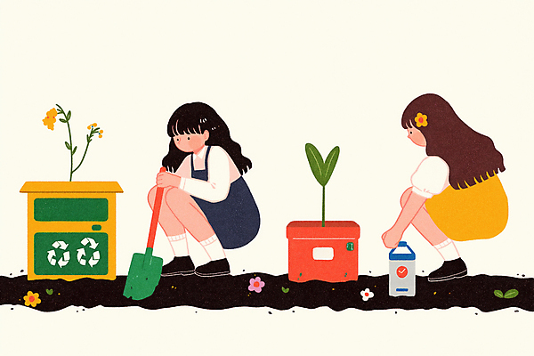 JPG 나무 여자 어린이 일러스트 자연 소녀 두명 상자 새싹 자연보호 환경 그린캠페인 흙 재활용 삽 식목일 친환경 나무심기 웅크림 심기 소녀만 국내일러스트 AI일러스트 AI콘텐츠 식물 기념일 캠페인 모션 사람 보호 생태계 여자만 어린이만 파일형식