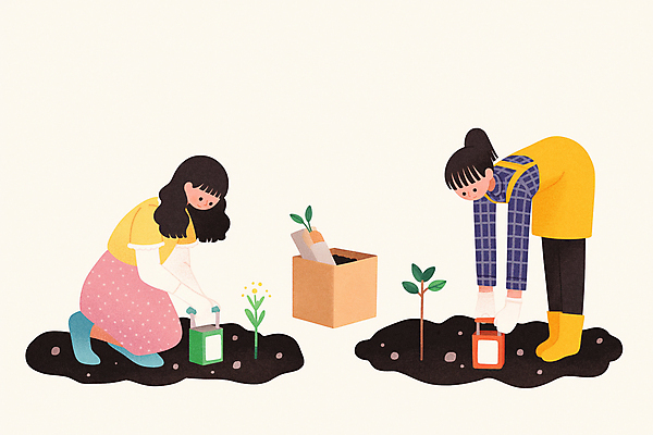 JPG 나무 여자 일러스트 자연 숙이기 성인 두명 상자 새싹 자연보호 환경 그린캠페인 흙 삽 식목일 친환경 나무심기 심기 성인여자만 국내일러스트 AI일러스트 AI콘텐츠 식물 기념일 캠페인 포즈 모션 사람 보호 생태계 여자만 성인만 파일형식