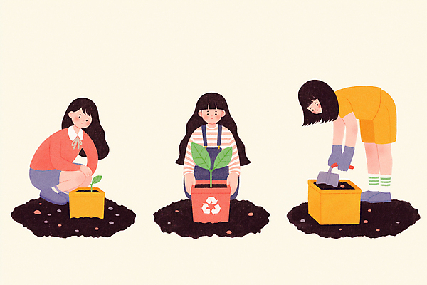 JPG 나무 여자 일러스트 청소년 자연 숙이기 세명 상자 새싹 자연보호 환경 그린캠페인 흙 재활용 삽 식목일 친환경 나무심기 웅크림 심기 십대여자만 국내일러스트 AI일러스트 AI콘텐츠 식물 기념일 캠페인 포즈 모션 사람 보호 생태계 여자만 십대만 파일형식