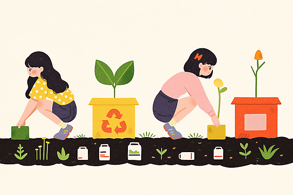 JPG 나무 여자 꽃 화분 어린이 일러스트 자연 소녀 두명 상자 새싹 자연보호 환경 그린캠페인 흙 재활용 식목일 친환경 나무심기 웅크림 심기 소녀만 국내일러스트 AI일러스트 AI콘텐츠 식물 기념일 캠페인 모션 사람 보호 생태계 여자만 어린이만 파일형식