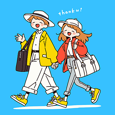 전신 모자 커플 여자 남자 하늘색 가방 일러스트 사랑 미소 성인 두명 손들기 걷기 손잡기 잡기 감사 땡큐 성인만 일러캐릭터 AI파일 캐릭터 잡화 감정 관계 모션 표정 사람 파란색 파일형식 벡터
