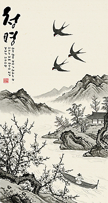 PSD 남자 일러스트 한옥 수묵화 한명 성인 강 고요 봄 한복 나룻배 매화 매화나무 제비 산수화 배타기 베이지색 청명 풍경화 성인남자한명만 국내일러스트 나무 1 한국전통 계절 꽃 컬러 고건축 배_교통 조류 미술 사람 승차 전통의상 동양화 그림 남자한명만 성인남자만 파일형식