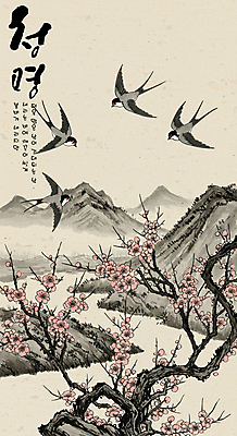 PSD 일러스트 수묵화 사람없음 강 고요 봄 매화 매화나무 제비 산수화 베이지색 청명 풍경화 국내일러스트 나무 계절 꽃 컬러 조류 미술 동양화 그림 파일형식