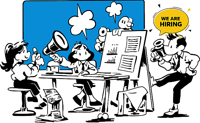 여자 남자 말풍선 일러스트 그래프 들기 앉기 정장 성인 세명 파란색 펜 확성기 구직 연기 문서 취업준비생 고용 성인만 안경낌 국내일러스트 AI파일 옷 안경 컬러 컨셉 모션 사람 필기구 채용 파일형식 벡터