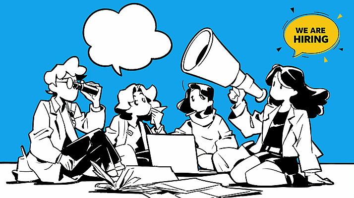 여자 남자 말풍선 일러스트 들기 앉기 정장 여러명 성인 파란색 망원경 구직 문서 취업준비생 고용 성인만 안경낌 국내일러스트 AI파일 옷 안경 컬러 다수 컨셉 모션 사람 채용 파일형식 벡터