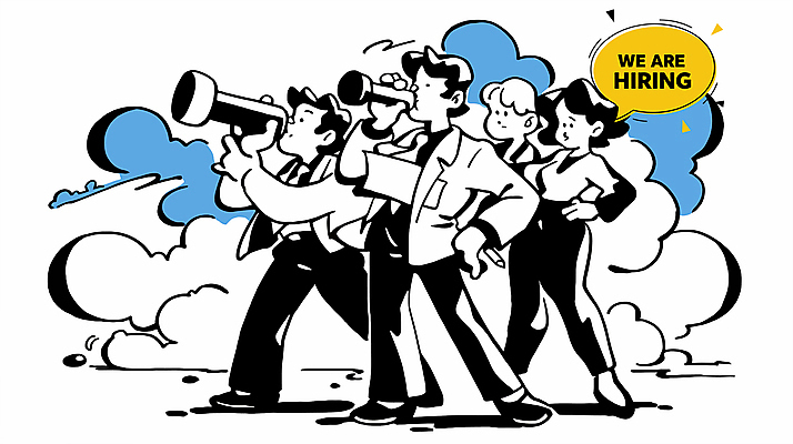 전신 구름 여자 남자 허리손 말풍선 일러스트 들기 정장 여러명 성인 파란색 망원경 구직 취업준비생 고용 성인만 안경낌 국내일러스트 AI파일 자연요소 옷 안경 컬러 포즈 다수 컨셉 모션 사람 채용 파일형식 벡터