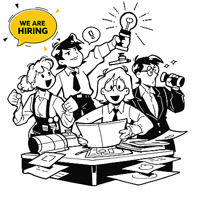 여자 남자 말풍선 일러스트 전구 들기 정장 여러명 성인 반짝임 망원경 만세 구직 느낌표 책상 문서 취업준비생 고용 성인만 안경낌 국내일러스트 AI파일 기호 옷 안경 가구 다수 컨셉 모션 사람 채용 파일형식 벡터