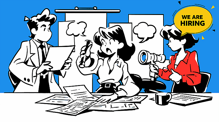 여자 남자 말풍선 일러스트 들기 정장 상반신 성인 세명 파란색 펜 망원경 구직 커피잔 문서 취업준비생 고용 성인만 안경낌 국내일러스트 AI파일 옷 안경 커피 컬러 컨셉 모션 잔 사람 필기구 채용 파일형식 벡터