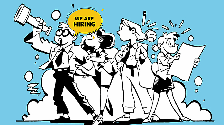 전신 여자 남자 허리손 말풍선 일러스트 들기 정장 여러명 성인 파란색 팔짱 망원경 구직 문서 취업준비생 고용 성인만 안경낌 국내일러스트 AI파일 옷 안경 컬러 포즈 다수 컨셉 모션 사람 채용 파일형식 벡터