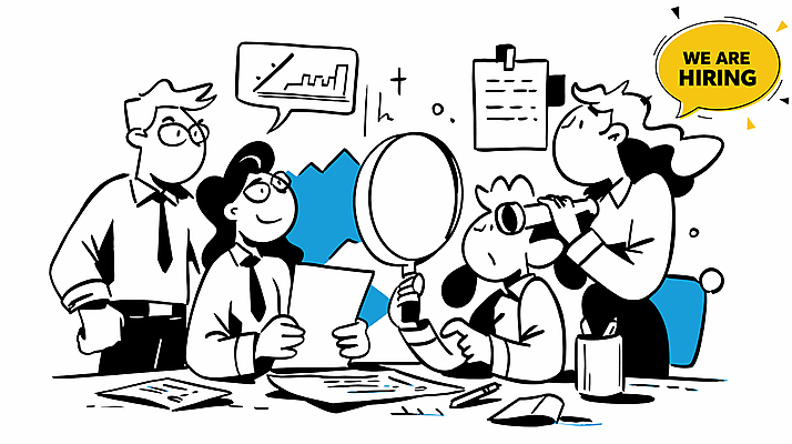 여자 남자 허리손 말풍선 일러스트 돋보기 그래프 들기 정장 여러명 상반신 성인 파란색 망원경 구직 문서 연필꽂이 취업준비생 고용 성인만 안경낌 국내일러스트 AI파일 옷 안경 컬러 포즈 다수 컨셉 모션 문구용품 사람 채용 파일형식 벡터