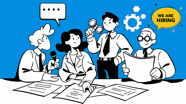 여자 남자 말풍선 일러스트 들기 앉기 정장 여러명 상반신 성인 파란색 망원경 구직 마이크 톱니바퀴 문서 주머니손 취업준비생 고용 성인만 안경낌 국내일러스트 AI파일 옷 안경 컬러 음향기기 다수 컨셉 모션 사람 채용 파일형식 벡터