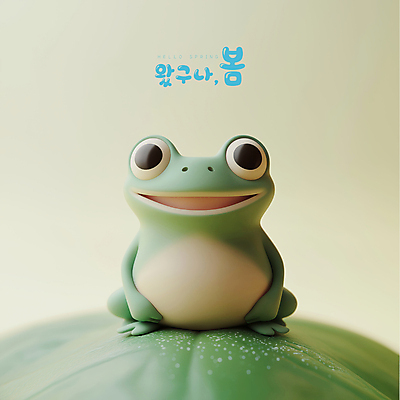 PSD 편집이미지 잎 미소 사람없음 3D 귀여움 봄 개구리캐릭터 경칩 편집3D 식물 계절 동물캐릭터 컨셉 표정 개구리 절기 디지털합성 파일형식