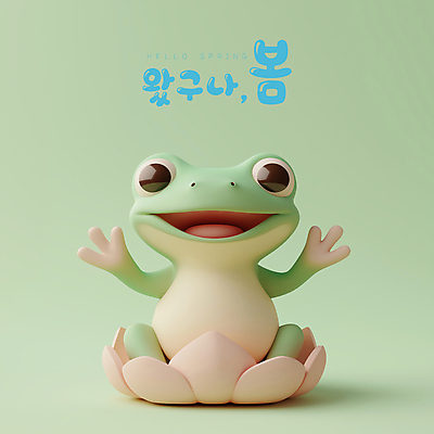 PSD 편집이미지 팔벌리기 연꽃 미소 사람없음 3D 귀여움 봄 개구리캐릭터 경칩 편집3D 계절 꽃 동물캐릭터 컨셉 모션 표정 개구리 절기 디지털합성 파일형식