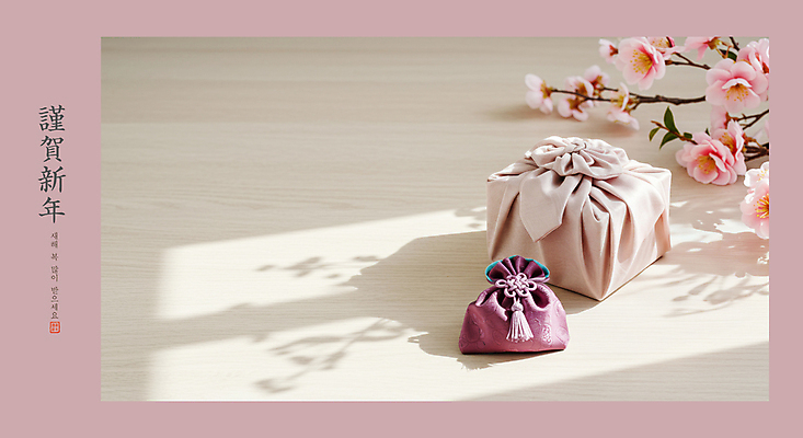 PSD 편집이미지 명절 근하신년 새해 기념 복주머니 선물 사람없음 설날 봄 축하 보자기 디지털합성 새해선물 이미지편집 전통 계절 기념일 컨셉 전통소품 파일형식 천_직물 명절선물