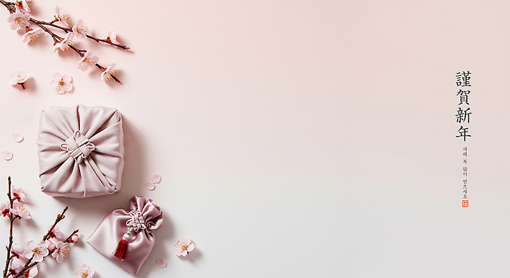 PSD 편집이미지 명절 근하신년 새해 기념 복주머니 선물 사람없음 설날 봄 벚꽃 나뭇가지 축하 보자기 디지털합성 새해선물 카피스페이스 이미지편집 나무 전통 계절 기념일 꽃 컨셉 전통소품 공백 파일형식 천_직물 명절선물