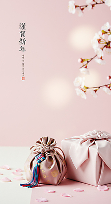 PSD 편집이미지 명절 꽃잎 근하신년 새해 기념 복주머니 선물 사람없음 설날 봄 축하 보자기 디지털합성 꽃가지 새해선물 이미지편집 전통 계절 기념일 꽃 컨셉 전통소품 나뭇가지 파일형식 천_직물 명절선물