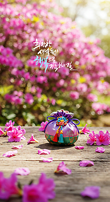 PSD 편집이미지 명절 꽃 근하신년 새해 기념 복주머니 선물 사람없음 설날 봄 축하 디지털합성 새해선물 이미지편집 식물 전통 계절 기념일 컨셉 전통소품 파일형식 명절선물