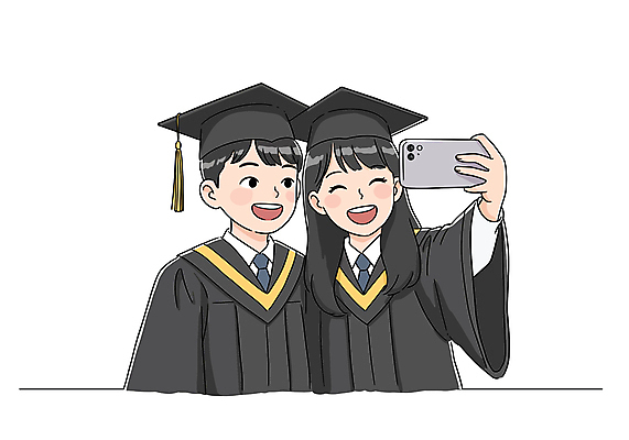 학생 여자 남자 일러스트 학사모 졸업 청소년 졸업식 졸업생 미소 들기 두명 스마트폰 카메라 사진촬영 축하 졸업가운 셀프카메라 졸업사진 십대만 국내일러스트 AI파일 모자_잡화 교육 컨셉 모션 표정 사람 전자제품 핸드폰 스마트기기 촬영 가운 파일형식 벡터