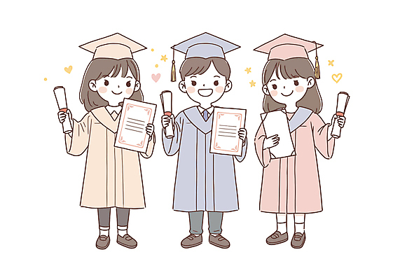 전신 학생 여자 남자 일러스트 학사모 졸업 청소년 졸업식 졸업생 미소 들기 세명 축하 졸업가운 졸업장 두루마리 십대만 국내일러스트 AI파일 모자_잡화 교육 컨셉 모션 표정 사람 가운 파일형식 벡터