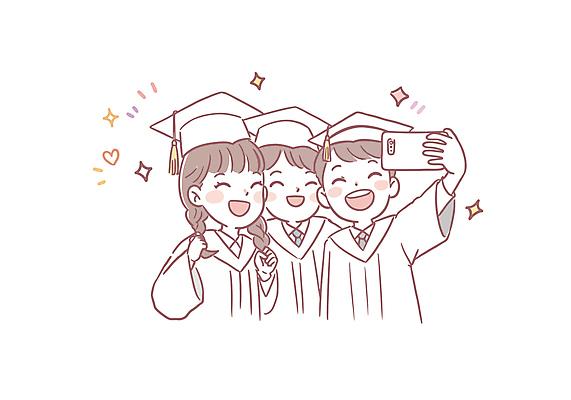 학생 여자 남자 일러스트 학사모 졸업 청소년 졸업식 졸업생 미소 웃음 들기 세명 스마트폰 카메라 사진촬영 축하 졸업가운 셀프카메라 졸업사진 십대만 국내일러스트 AI파일 모자_잡화 교육 컨셉 모션 표정 사람 전자제품 핸드폰 스마트기기 촬영 가운 파일형식 벡터