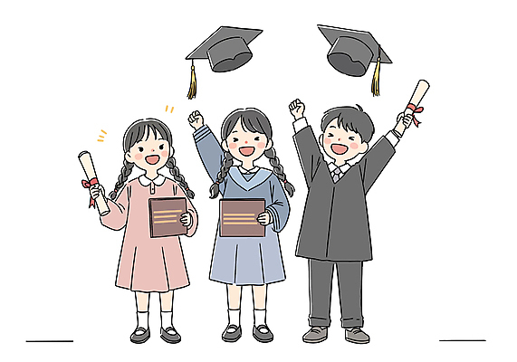전신 학생 여자 남자 어린이 일러스트 학사모 졸업 졸업식 미소 들기 소녀 소년 세명 손들기 기쁨 만세 축하 졸업가운 던지기 졸업장 두루마리 졸업앨범 어린이만 국내일러스트 AI파일 모자_잡화 교육 감정 컨셉 모션 표정 사람 가운 앨범 파일형식 벡터
