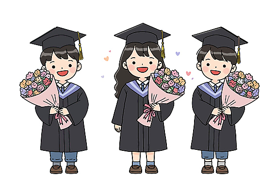 전신 학생 여자 남자 꽃 어린이 꽃다발 일러스트 학사모 졸업 졸업식 미소 들기 소녀 소년 세명 기쁨 축하 졸업가운 어린이만 국내일러스트 AI파일 식물 모자_잡화 교육 감정 컨셉 모션 표정 사람 가운 파일형식 벡터