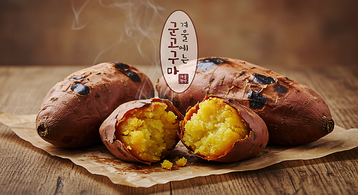 PSD 편집이미지 겨울 디저트 사람없음 갈색 뜨거움 달콤 수증기 나무바닥 고구마 겨울간식 군고구마 구황작물 이미지편집 계절 음식 컬러 바닥 뿌리채소 농작물 맛 구이 파일형식