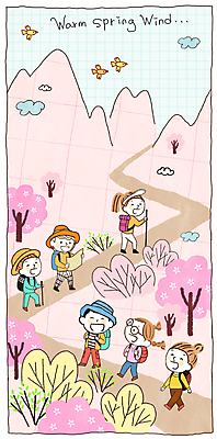 PSD 구름 모자 여자 남자 분홍색 일러스트 배낭 조류 산 웃음 들기 여러명 성인 등산 벚나무 등산스틱 성인만 국내일러스트 자연요소 나무 동물 잡화 컬러 다수 가방 모션 표정 사람 트래킹 벚꽃 등산용품 파일형식