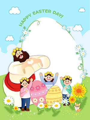 여자 남자 어린이 일러스트 하늘 미소 소녀 소년 여러명 성인 손들기 화관 봄 만세 강아지 민들레 언덕 부활절계란 손하트 국내일러스트 AI파일 계절 꽃 다수 모션 부활절 표정 사람 손짓 반려동물 계란 개 파일형식 벡터