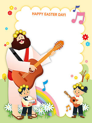 여자 남자 어린이 무지개 연주 음표 일러스트 부활절 미소 들기 소녀 소년 여러명 성인 화관 봄 기타 예수 국내일러스트 AI파일 자연요소 기호 계절 기념일 꽃 음악 다수 모션 현악기 표정 사람 신_종교 파일형식 벡터