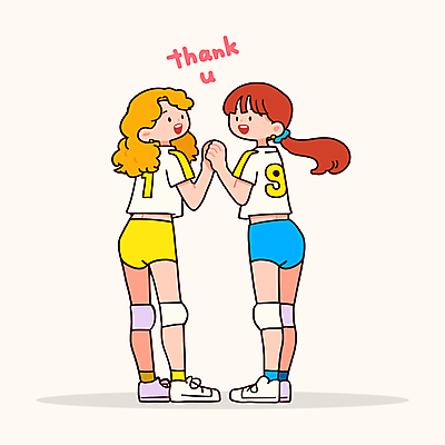 전신 여자 유니폼 일러스트 청소년 협력 미소 두명 운동 손잡기 파이팅 동료 즐거움 감사 배구선수 배구공 땡큐 무릎보호대 십대여자만 일러캐릭터 AI파일 캐릭터 옷 감정 스포츠용품 공 관계 모션 운동선수 표정 건강 사람 배구 여자만 십대만 파일형식 벡터