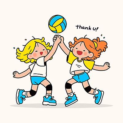 전신 여자 어린이 유니폼 일러스트 협력 미소 소녀 두명 운동 손잡기 동료 즐거움 감사 배구선수 배구공 하이파이브 땡큐 무릎보호대 소녀만 일러캐릭터 AI파일 캐릭터 옷 감정 스포츠용품 공 관계 모션 운동선수 표정 건강 사람 손짓 배구 여자만 어린이만 파일형식 벡터