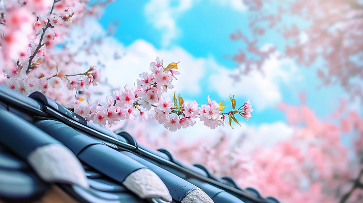 JPG 구름 편집이미지 한국전통 분홍색 하늘 기와 기와집 사람없음 봄 벚나무 감성 편집실사 AI포토 AI콘텐츠 자연요소 나무 전통 계절 컬러 컨셉 한옥 한국 벚꽃 CG 파일형식