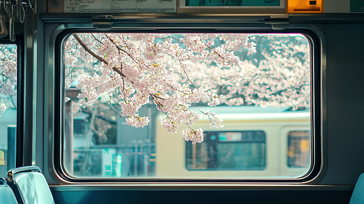 JPG 편집이미지 사람없음 봄풍경 기차 벚나무 감성 창밖 편집실사 AI포토 AI콘텐츠 나무 육상교통 컨셉 창문 대중교통 풍경 봄 벚꽃 CG 파일형식