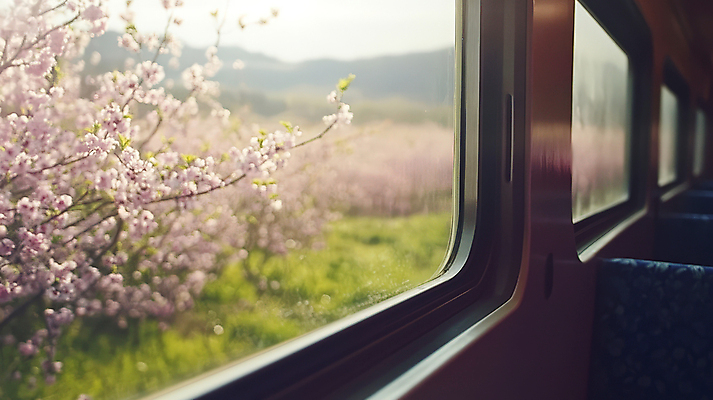 JPG 편집이미지 산 사람없음 봄풍경 기차 벚나무 감성 창밖 편집실사 AI포토 AI콘텐츠 나무 육상교통 컨셉 창문 대중교통 풍경 봄 벚꽃 CG 파일형식