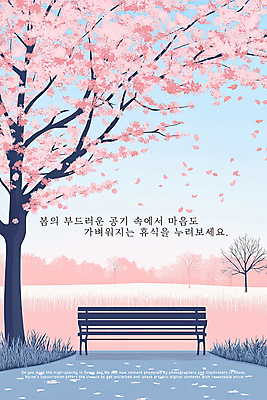 PSD 공원 꽃잎 분홍색 벤치 일러스트 하늘 사람없음 봄 벚나무 감성 흩날리기 국내일러스트 나무 계절 공공시설 꽃 컬러 컨셉 의자 모션 벚꽃 파일형식