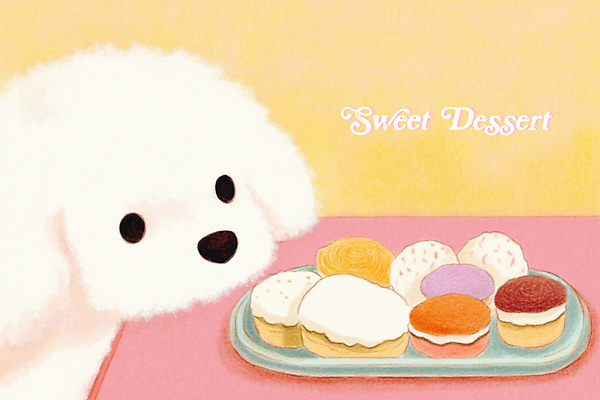 PSD 응시 분홍색 일러스트 식탁 쟁반 사람없음 노란색 귀여움 달콤 강아지 컵케이크 국내일러스트 시선 컬러 컨셉 탁자 반려동물 케이크 개 맛 파일형식