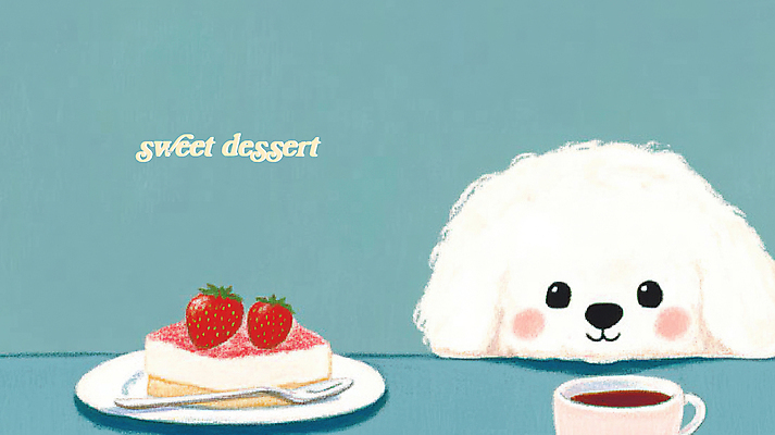 PSD 접시 응시 하늘색 일러스트 식탁 사람없음 귀여움 숟가락 달콤 강아지 커피잔 딸기케이크 국내일러스트 식기 시선 커피 컨셉 탁자 딸기 잔 수저 파란색 반려동물 케이크 개 맛 파일형식