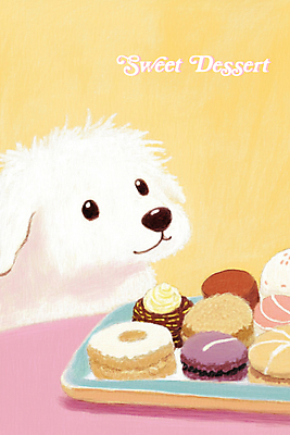 PSD 응시 일러스트 식탁 쟁반 사람없음 노란색 귀여움 달콤 강아지 마카롱 국내일러스트 시선 컬러 컨셉 탁자 디저트 반려동물 개 맛 파일형식