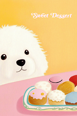 PSD 접시 응시 일러스트 식탁 사람없음 노란색 귀여움 달콤 강아지 컵케이크 국내일러스트 식기 시선 컬러 컨셉 탁자 반려동물 케이크 개 맛 파일형식