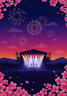 JPG 구름 여자 남자 일러스트 조명 산 폭죽 여러명 성인 노을 축제 봄 콘서트 무대 벚꽃 군중 성인만 국내일러스트 AI일러스트 AI콘텐츠 자연요소 계절 꽃 다수 사람 공연 파일형식