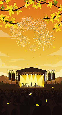 JPG 구름 여자 남자 일러스트 조명 산 폭죽 여러명 성인 노을 축제 봄 콘서트 무대 군중 개나리 성인만 국내일러스트 AI일러스트 AI콘텐츠 자연요소 계절 꽃 다수 사람 공연 파일형식