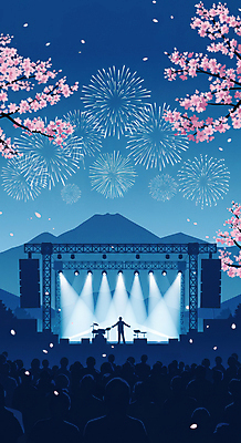 JPG 여자 남자 꽃잎 일러스트 조명 산 폭죽 여러명 성인 축제 봄 콘서트 무대 나뭇가지 벚나무 군중 야간 성인만 국내일러스트 AI일러스트 AI콘텐츠 자연요소 나무 계절 꽃 다수 사람 공연 벚꽃 파일형식