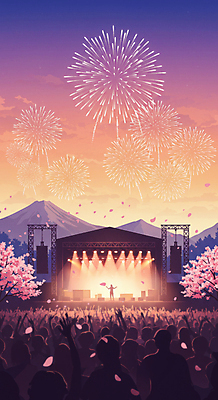 JPG 구름 여자 남자 꽃잎 일러스트 산 폭죽 여러명 성인 노을 축제 봄 콘서트 무대 벚나무 군중 성인만 국내일러스트 AI일러스트 AI콘텐츠 자연요소 나무 계절 꽃 다수 사람 공연 벚꽃 파일형식