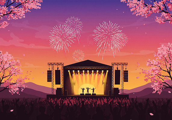 JPG 구름 여자 남자 꽃잎 일러스트 폭죽 여러명 성인 노을 축제 봄 콘서트 무대 나뭇가지 벚나무 군중 성인만 국내일러스트 AI일러스트 AI콘텐츠 자연요소 나무 계절 꽃 다수 사람 공연 벚꽃 파일형식