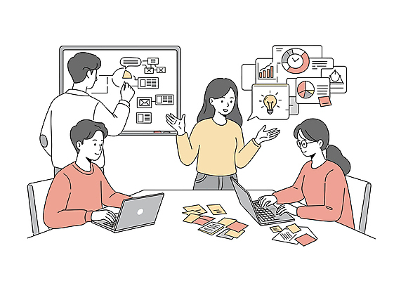 여자 남자 말풍선 일러스트 그래프 대화 미소 앉기 여러명 상반신 성인 노트북 손들기 메모지 토론 창업 성인만 안경낌 국내일러스트 AI파일 안경 다수 모션 표정 말하기 사람 전자제품 사무용품 자영업 파일형식 벡터