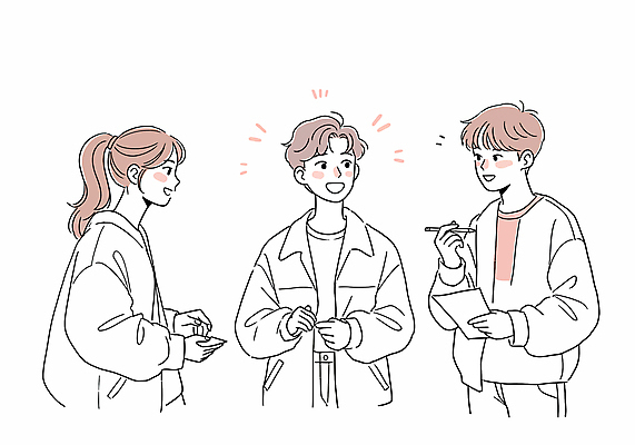 여자 남자 종이 일러스트 대화 미소 들기 상반신 성인 세명 펜 토론 창업 성인만 국내일러스트 AI파일 모션 표정 말하기 사람 필기구 자영업 파일형식 벡터