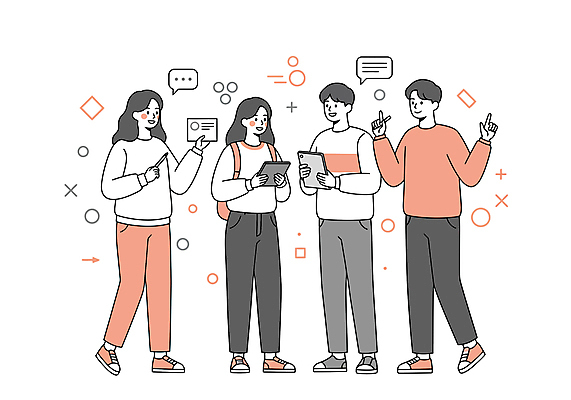 전신 여자 남자 말풍선 일러스트 대화 미소 들기 여러명 성인 태블릿 펜 손들기 토론 창업 성인만 국내일러스트 AI파일 다수 모션 표정 말하기 사람 전자제품 스마트기기 필기구 자영업 파일형식 벡터