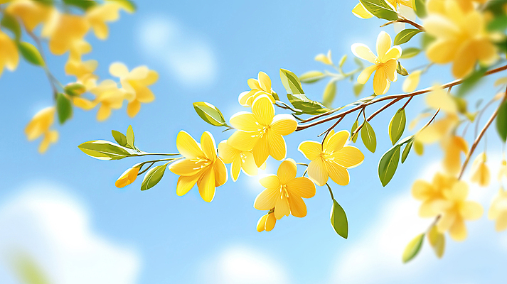 JPG 구름 하늘색 일러스트 봄꽃 하늘 나뭇잎 풍경 사람없음 노란색 나뭇가지 개나리 화창 국내일러스트 AI일러스트 AI콘텐츠 자연요소 나무 꽃 컬러 잎 날씨 파란색 봄 파일형식