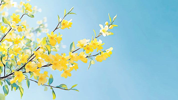 JPG 구름 하늘색 일러스트 봄꽃 하늘 나뭇잎 풍경 사람없음 노란색 나뭇가지 개나리 화창 국내일러스트 AI일러스트 AI콘텐츠 자연요소 나무 꽃 컬러 잎 날씨 파란색 봄 파일형식